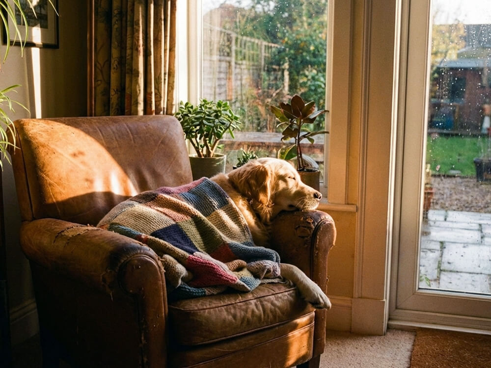 Prayer for a Sick Dog to Recover. The dog is sleeping on a sofa with blanket to comfort the dog.