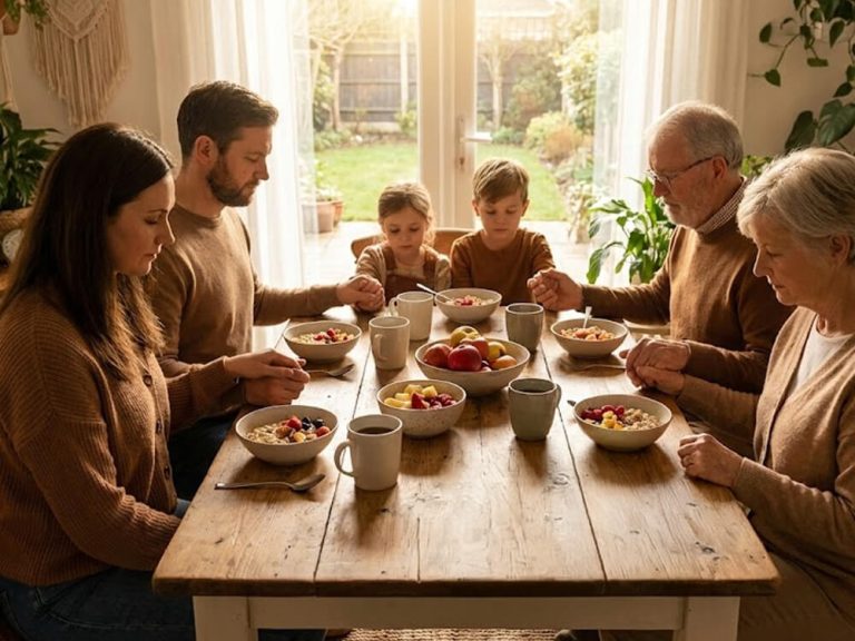 Morning Prayer for My Family and Me. A family praying while holding hands.