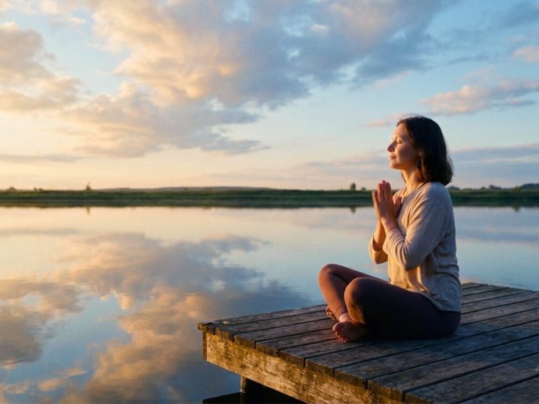 Morning Prayer for Peace. A woman praying on a lake.