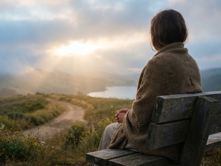 Prayer For Strength And Healing. A Woman sitting on a bench enjoying the sunset.