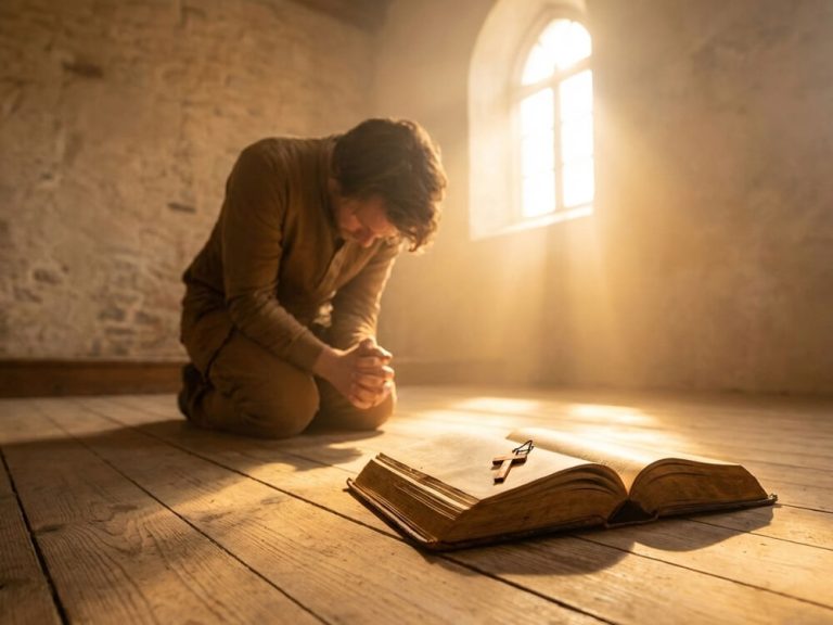 A man kneeling. Prayer for Repentance.