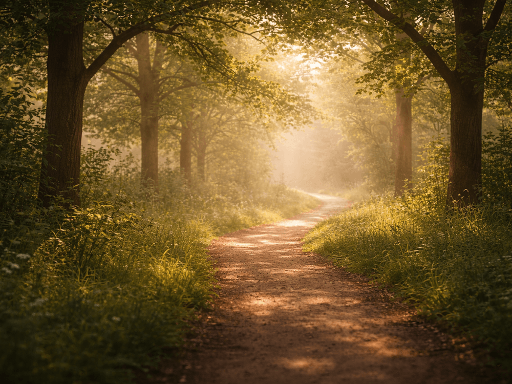 Sunlit forest with mist