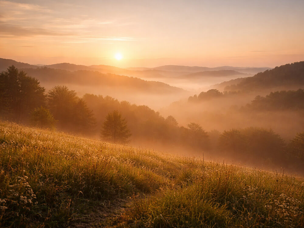 golden sunrise over misty hills