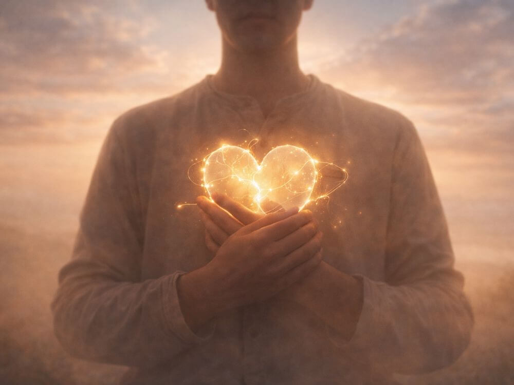 A serene, soft-lit scene of a person sitting quietly in prayer, hands resting over their heart, surrounded by warm golden light. This is a cover for the prayer for emotional healing.